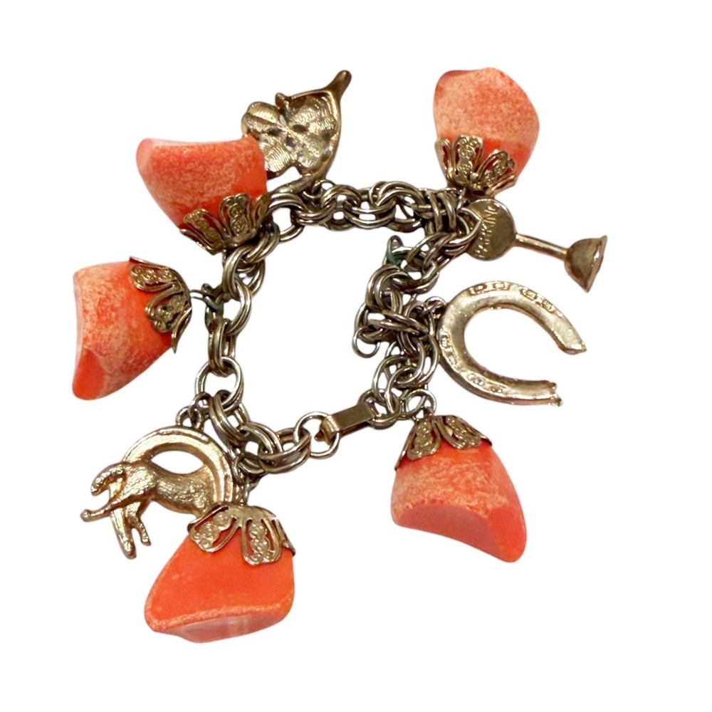 VTG Charm Bracelet‎ Salmon Orange Lucite Horse Horseshoe Equestrian Lucky Retro
